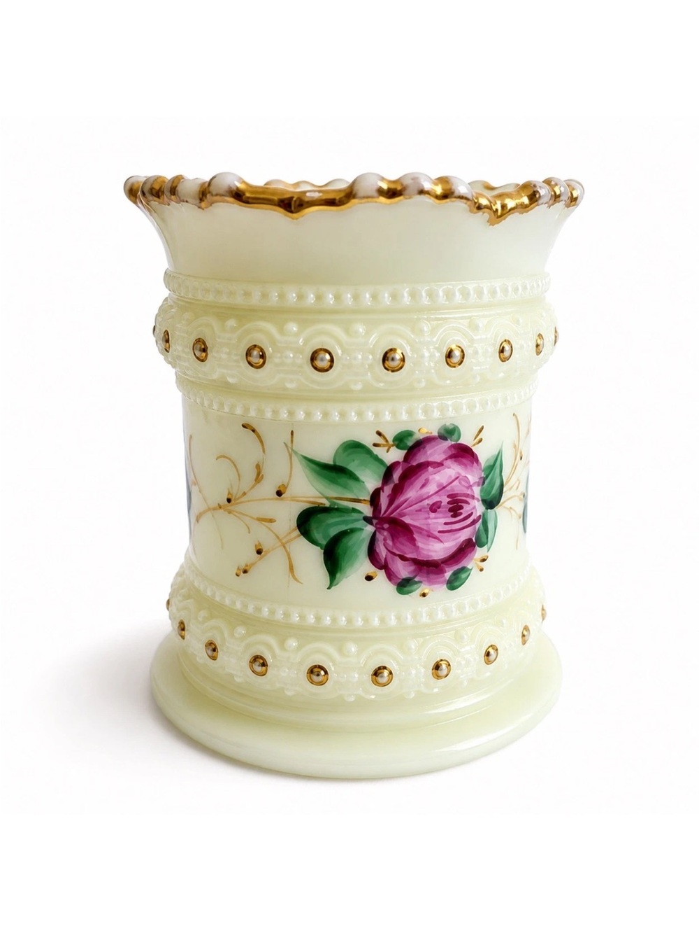 Antique Uranium Glass Spill Vase UV Glow Hand Painted Floral Victorian